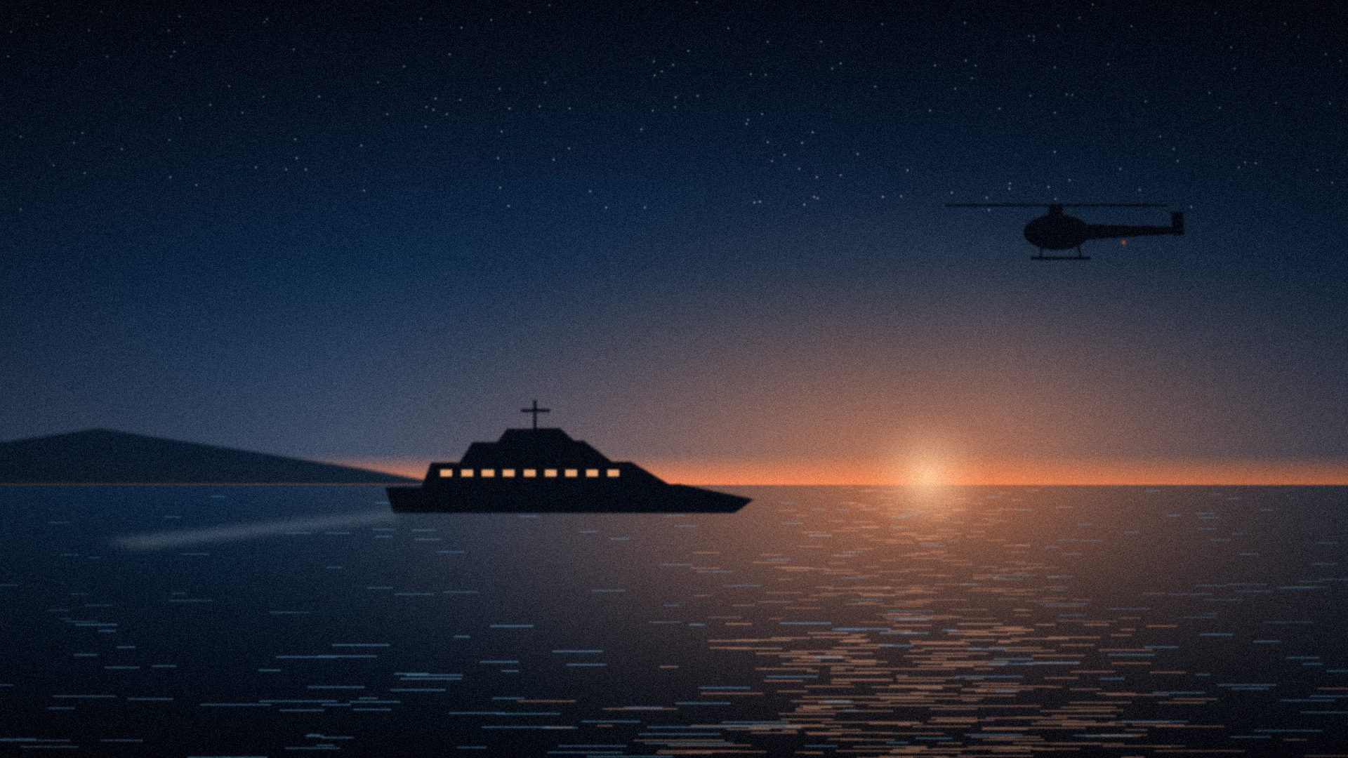 Horizon marin au crépuscule, silhouette d'un yacht à moteur et d'un hélicoptère dans le ciel orangé