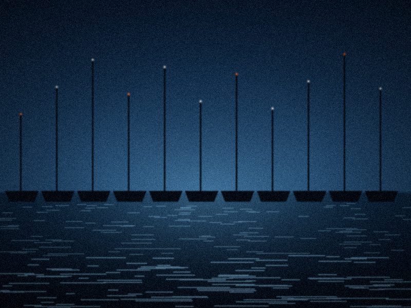 Marina de nuit, mâts de voiliers éclairés au-dessus des pontons