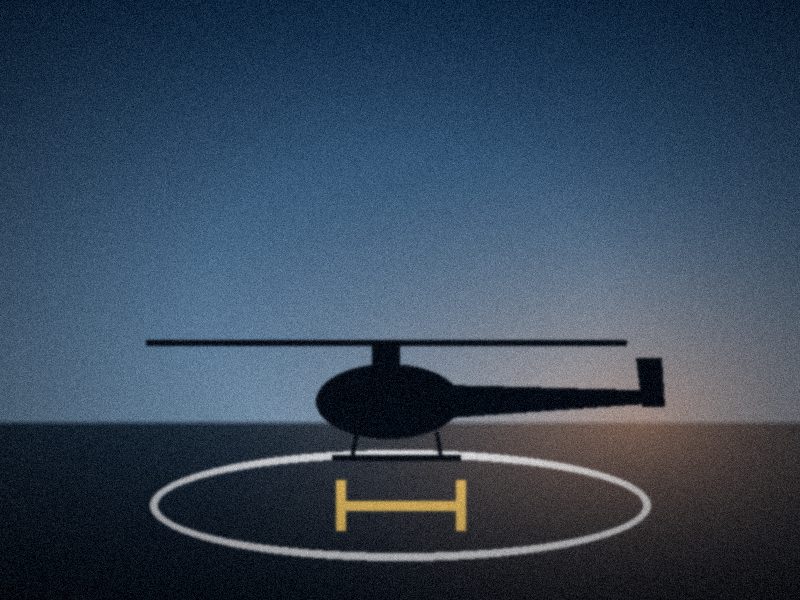 Hélicoptère posé sur une hélisurface au crépuscule
