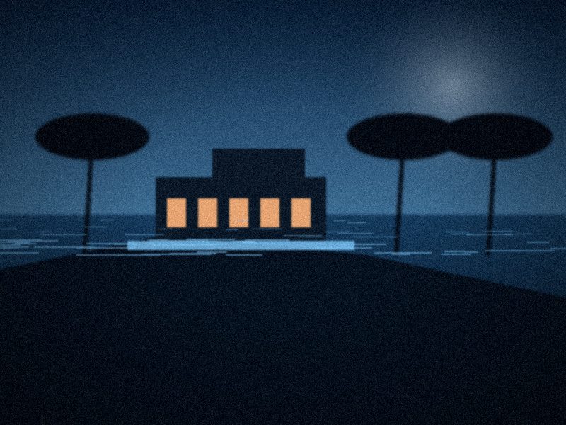Villa en bord de mer entourée de pins parasols à la tombée de la nuit