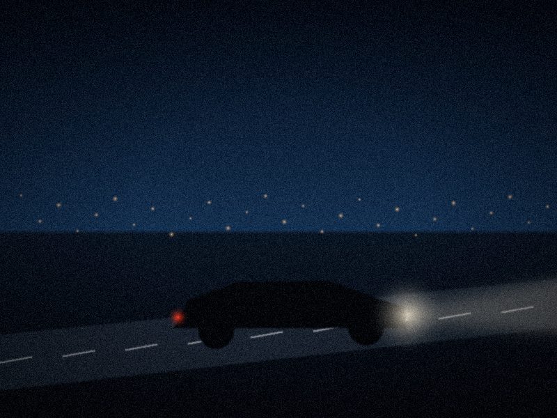 Berline roulant de nuit sur une route de corniche, phares allumés